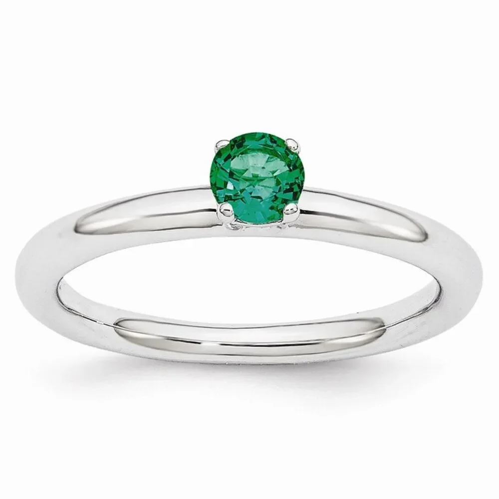 Rhodium Plated Sterling Silver Stackable 4mm Created Emerald Ring Sz 5